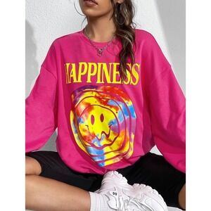 Women's Sweatshirt Cartoon Letter Graphic Hot Pink Happy Happiness Smiley Face